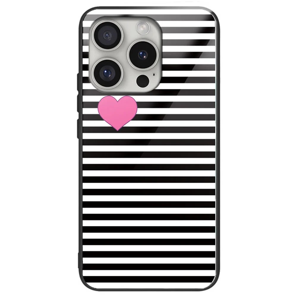 For iPhone 16 Pro Max Shockproof Case Pattern Printed Tempered Glass+TPU Phone Cover - Stripes / Hearts - 1