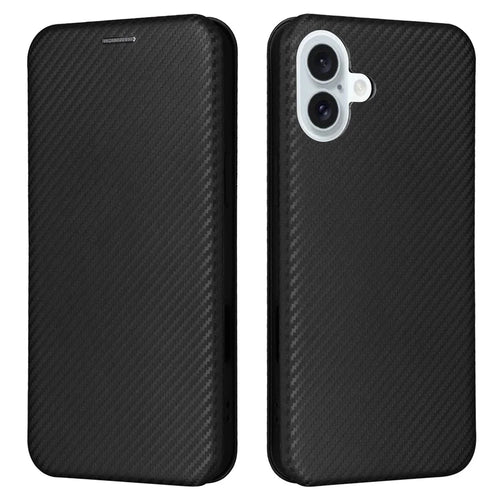 For iPhone 16 Case PU Leather Carbon Fiber Texture Flip Phone Cover - Black - 1