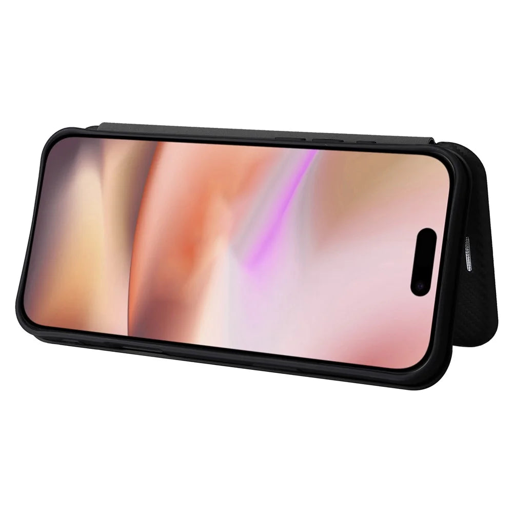 For iPhone 16 Case PU Leather Carbon Fiber Texture Flip Phone Cover - Black - 3