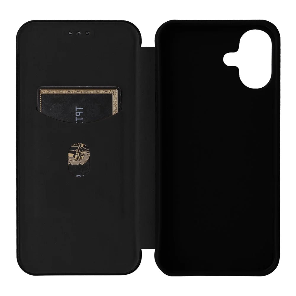 For iPhone 16 Case PU Leather Carbon Fiber Texture Flip Phone Cover - Black - 5