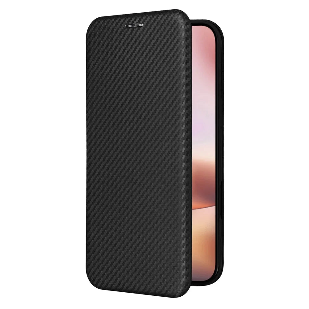 For iPhone 16 Case PU Leather Carbon Fiber Texture Flip Phone Cover - Black - 7