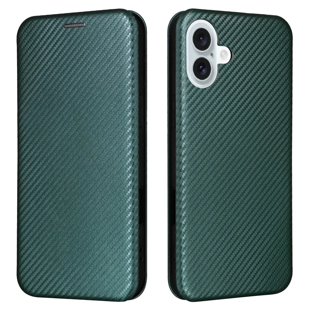 For iPhone 16 Plus Case PU Leather Carbon Fiber Texture Phone Cover with Card Holder  - Green - 1