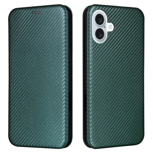 For iPhone 16 Plus Case PU Leather Carbon Fiber Texture Phone Cover with Card Holder  - Green - 1