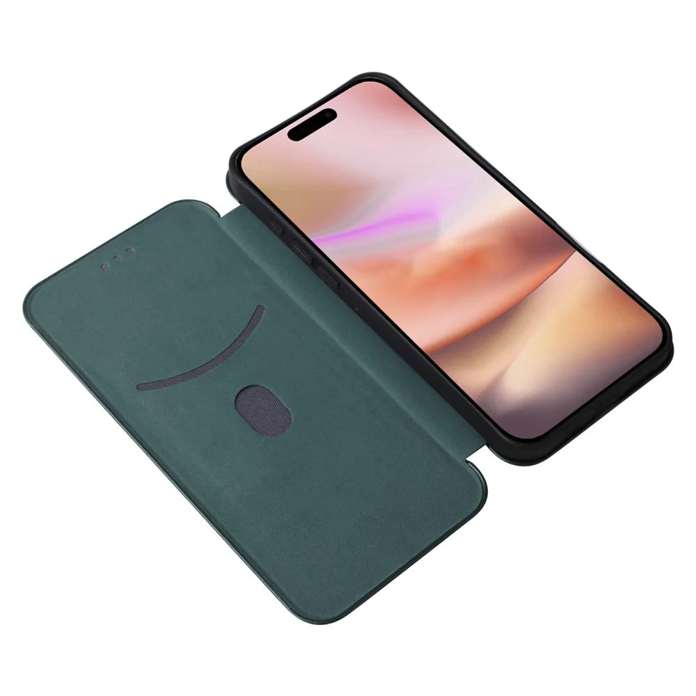 For iPhone 16 Plus Case PU Leather Carbon Fiber Texture Phone Cover with Card Holder  - Green - 2