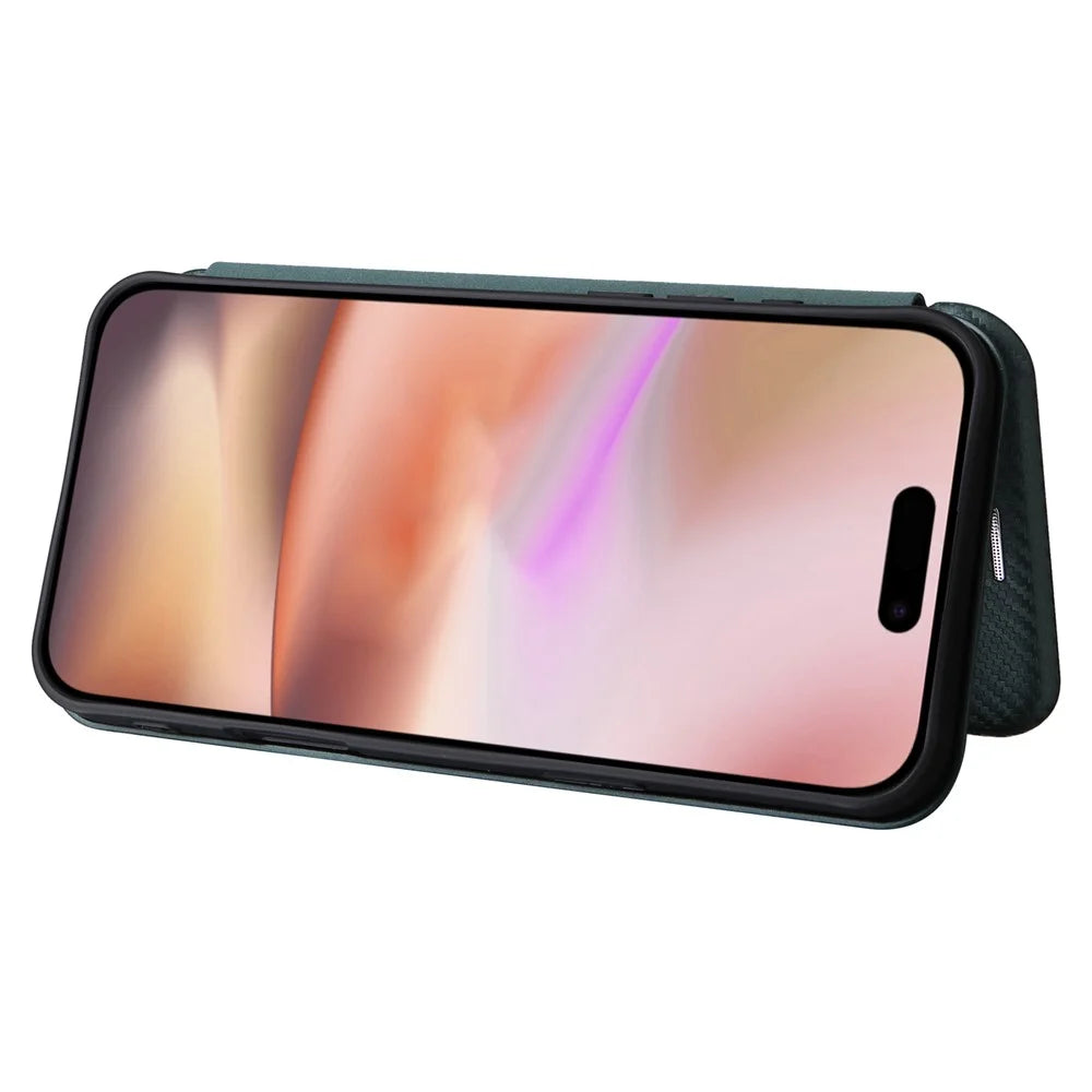 For iPhone 16 Plus Case PU Leather Carbon Fiber Texture Phone Cover with Card Holder  - Green - 3