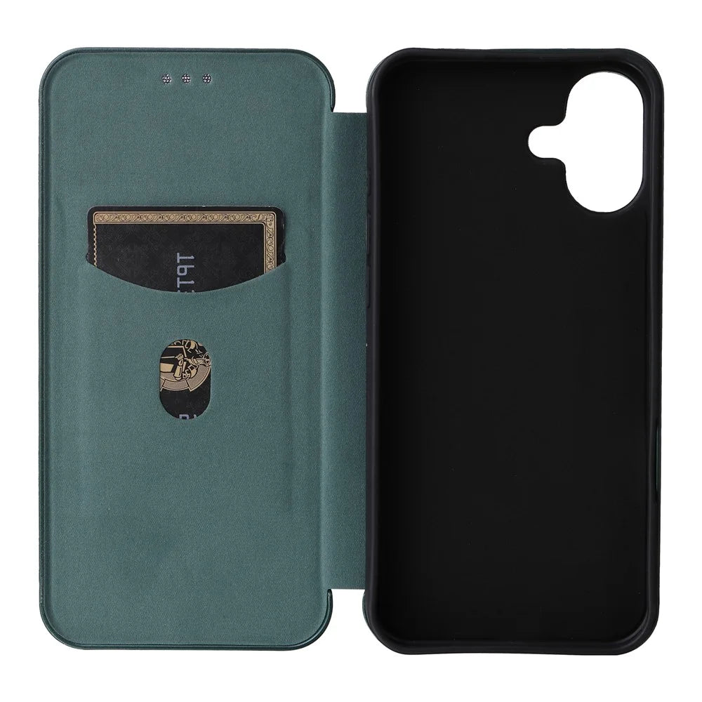 For iPhone 16 Plus Case PU Leather Carbon Fiber Texture Phone Cover with Card Holder  - Green - 5
