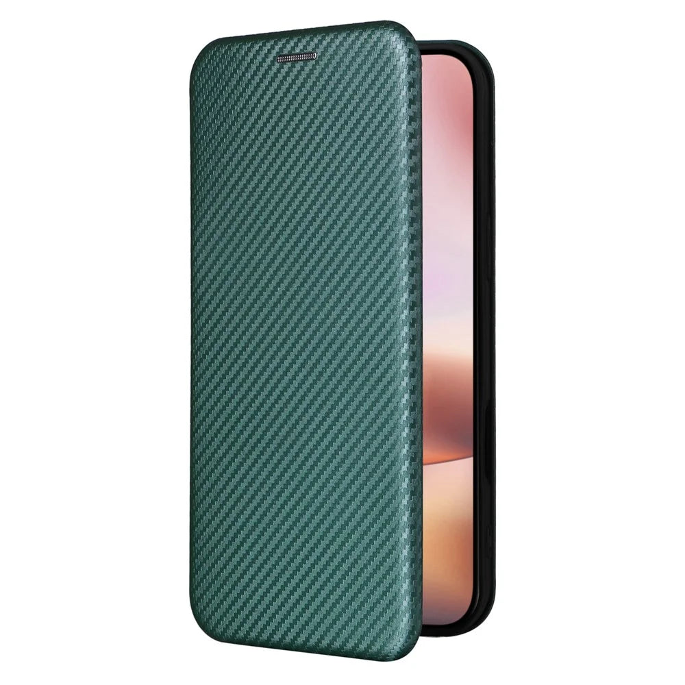 For iPhone 16 Plus Case PU Leather Carbon Fiber Texture Phone Cover with Card Holder  - Green - 7