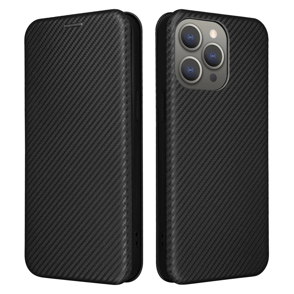 For iPhone 16 Pro Case PU Leather Carbon Fiber Texture Phone Cover Magnetic Closure - Black - 1