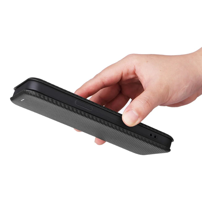 For iPhone 16 Pro Case PU Leather Carbon Fiber Texture Phone Cover Magnetic Closure - Black - 6