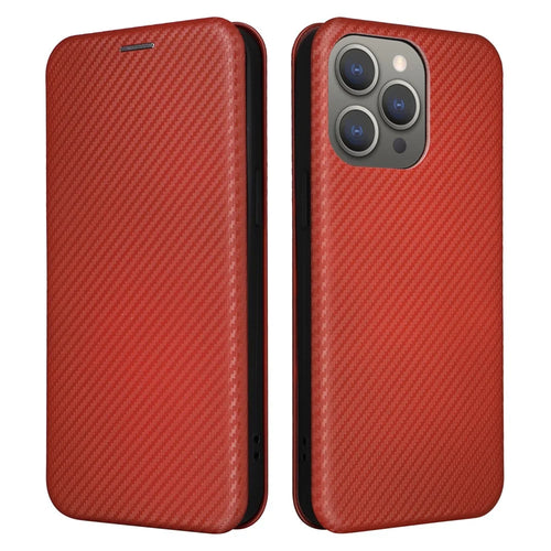 For iPhone 16 Pro Max Case Card Holder Carbon Fiber Texture Leather Phone Cover - Brown - 1