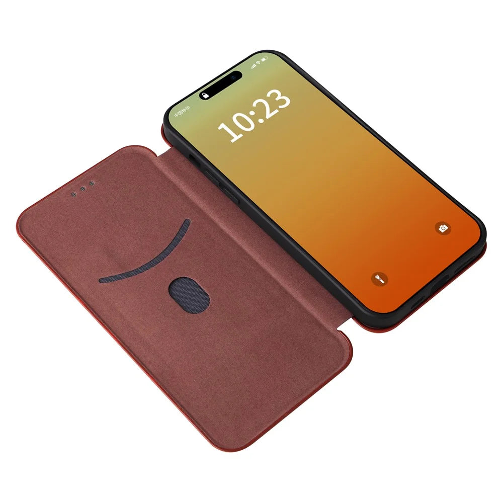 For iPhone 16 Pro Max Case Card Holder Carbon Fiber Texture Leather Phone Cover - Brown - 2