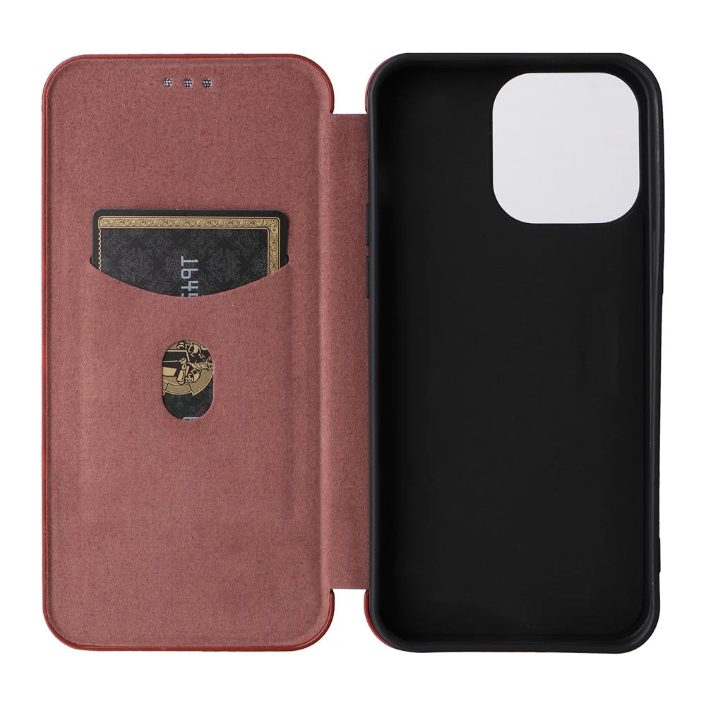 For iPhone 16 Pro Max Case Card Holder Carbon Fiber Texture Leather Phone Cover - Brown - 5
