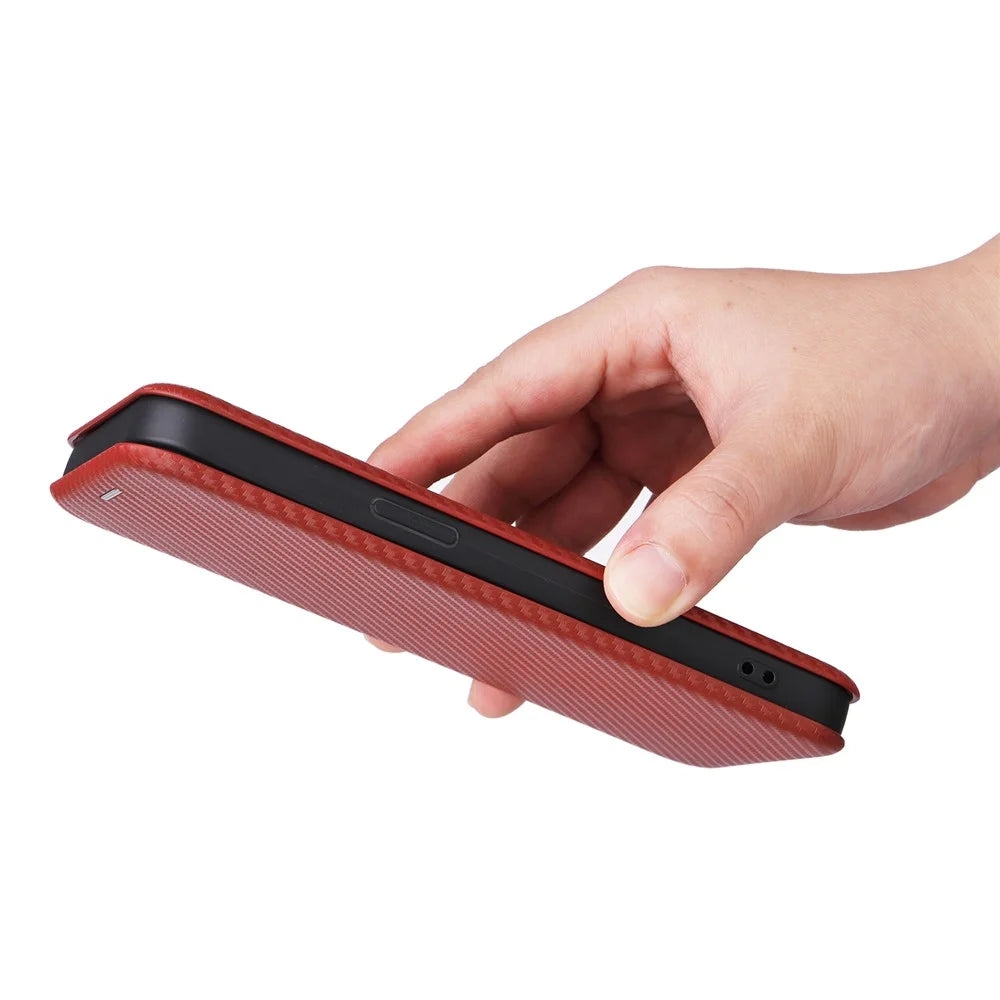 For iPhone 16 Pro Max Case Card Holder Carbon Fiber Texture Leather Phone Cover - Brown - 6