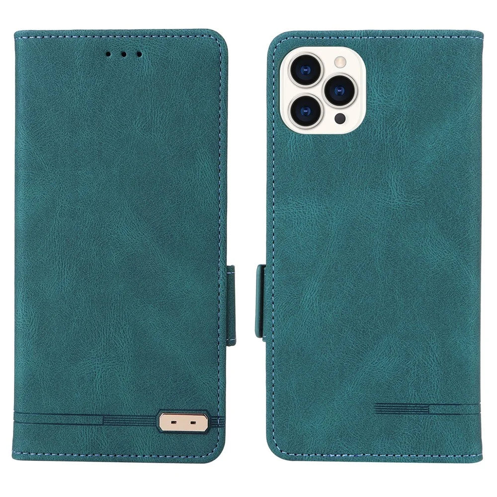 For iPhone 16 Pro Max Case Leather Folio Stand Phone Cover Hardware Decor - Blue - 1