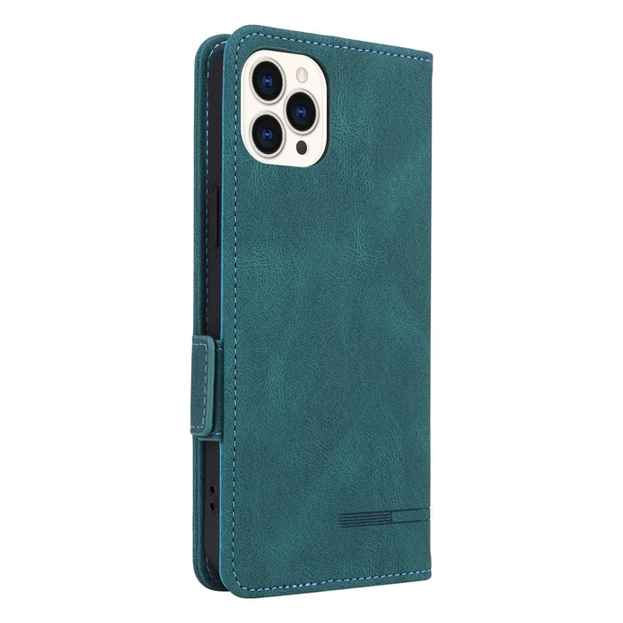 For iPhone 16 Pro Max Case Leather Folio Stand Phone Cover Hardware Decor - Blue - 7
