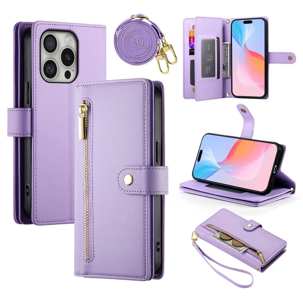 DF-011 For iPhone 16 Pro Case Leather Phone Cover with Card Slots, Zipper Pocket - Purple - 1