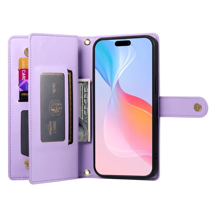 DF-011 For iPhone 16 Pro Case Leather Phone Cover with Card Slots, Zipper Pocket - Purple - 2