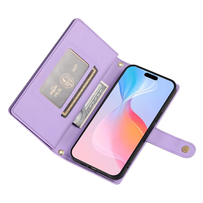 DF-011 For iPhone 16 Pro Case Leather Phone Cover with Card Slots, Zipper Pocket - Purple - 3