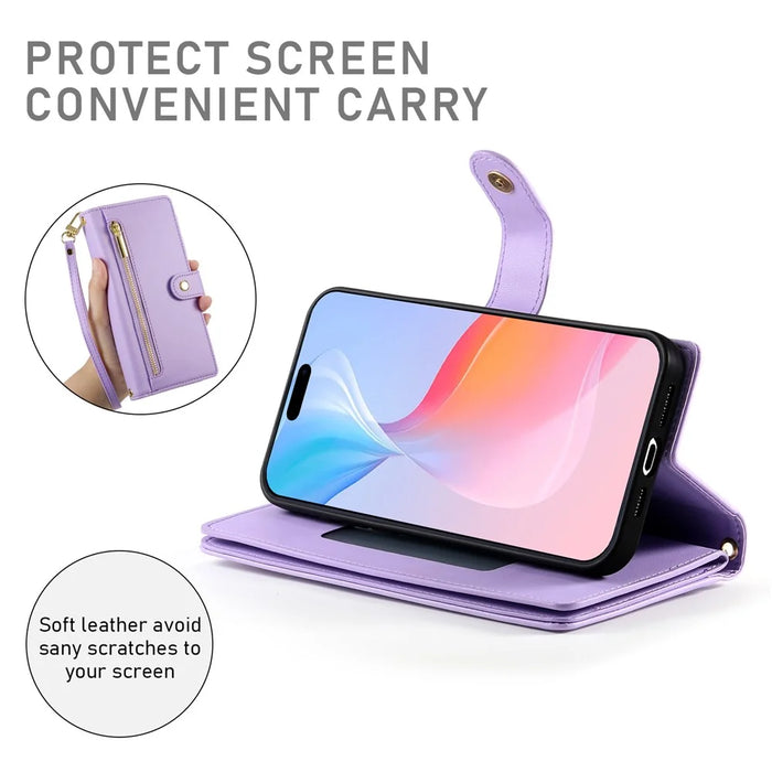 DF-011 For iPhone 16 Pro Case Leather Phone Cover with Card Slots, Zipper Pocket - Purple - 4