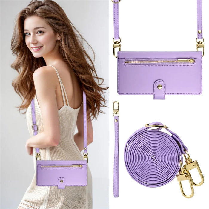 DF-011 For iPhone 16 Pro Case Leather Phone Cover with Card Slots, Zipper Pocket - Purple - 5