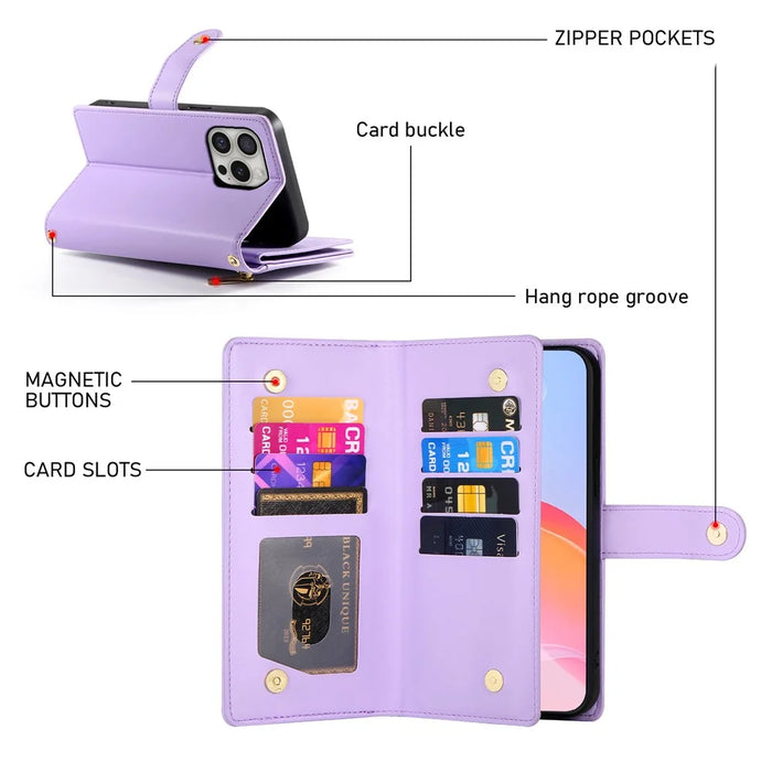 DF-011 For iPhone 16 Pro Case Leather Phone Cover with Card Slots, Zipper Pocket - Purple - 6