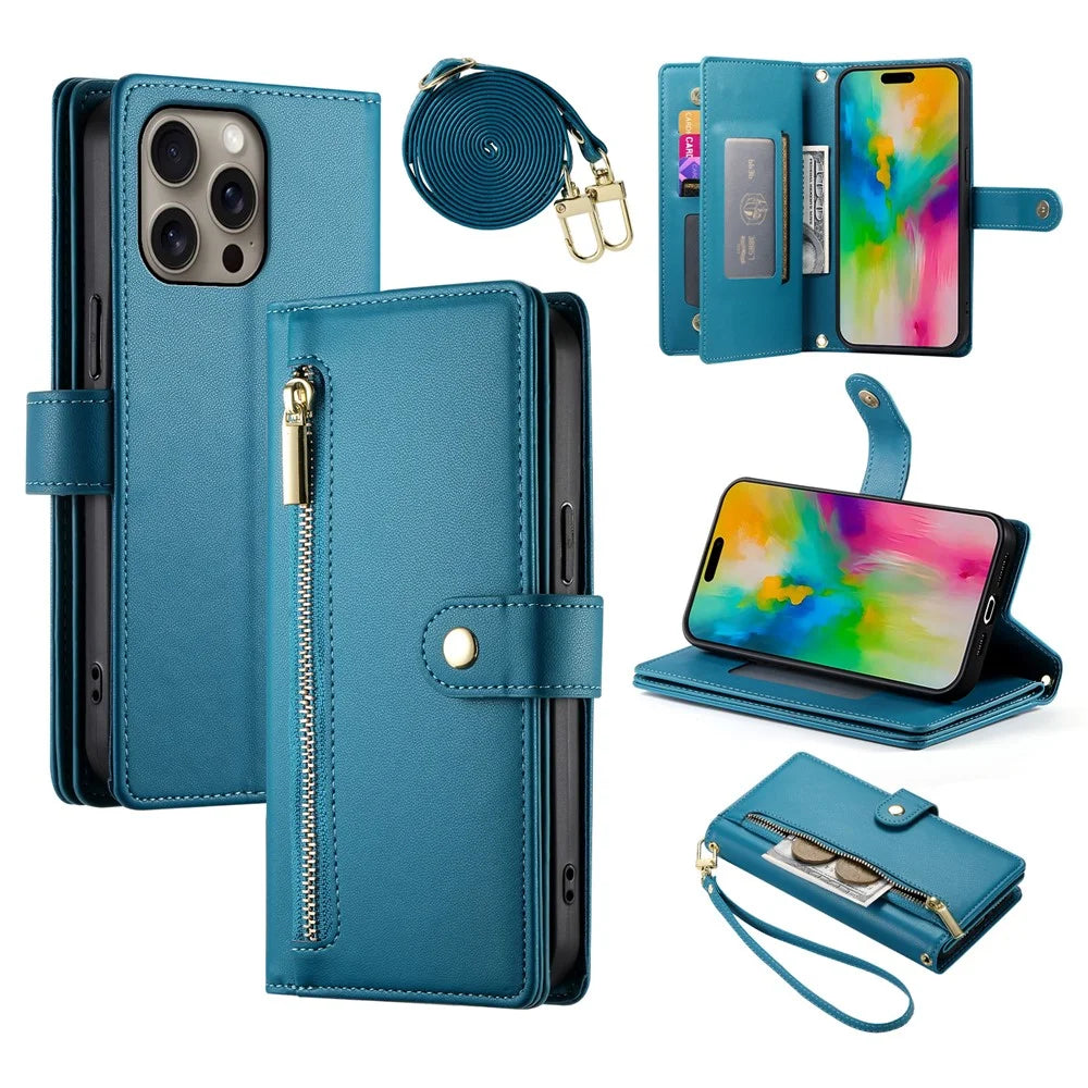 DF-011 For iPhone 16 Pro Max Wallet Case Card Slots Leather Phone Cover with Long / Short Straps - Blue - 1