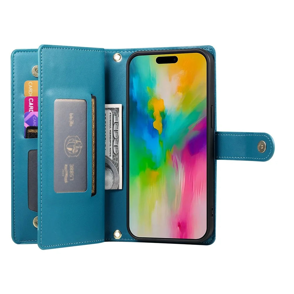 DF-011 For iPhone 16 Pro Max Wallet Case Card Slots Leather Phone Cover with Long / Short Straps - Blue - 2