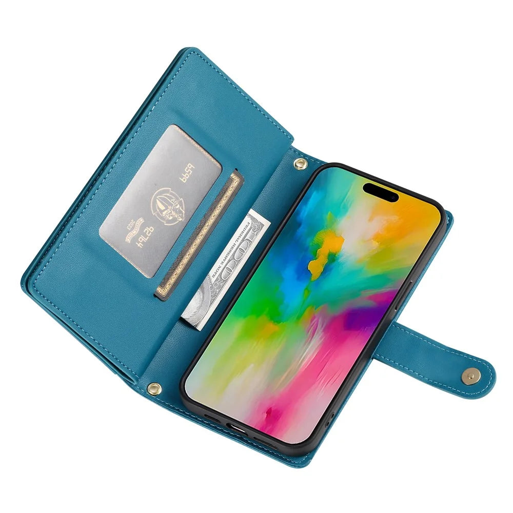 DF-011 For iPhone 16 Pro Max Wallet Case Card Slots Leather Phone Cover with Long / Short Straps - Blue - 3