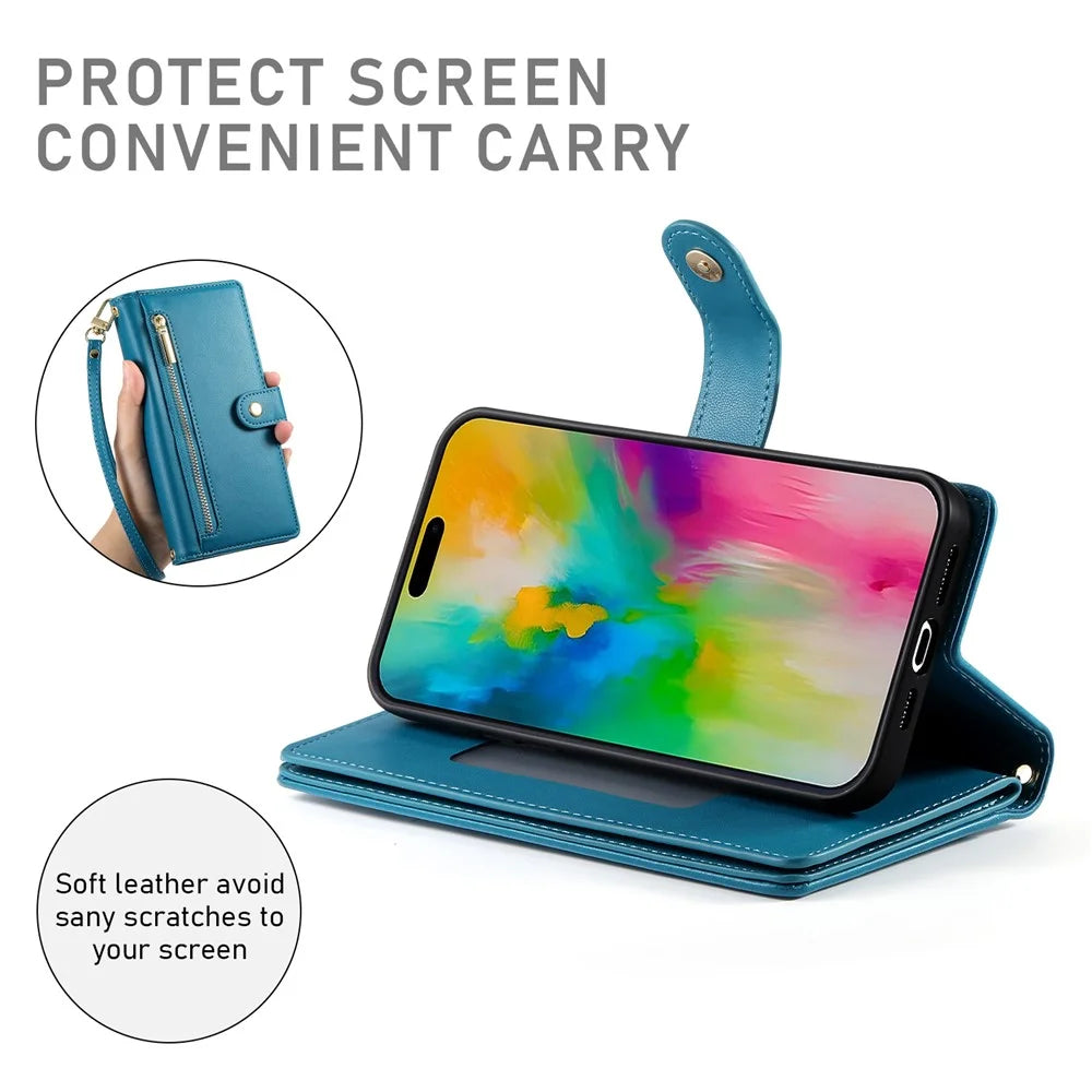 DF-011 For iPhone 16 Pro Max Wallet Case Card Slots Leather Phone Cover with Long / Short Straps - Blue - 4