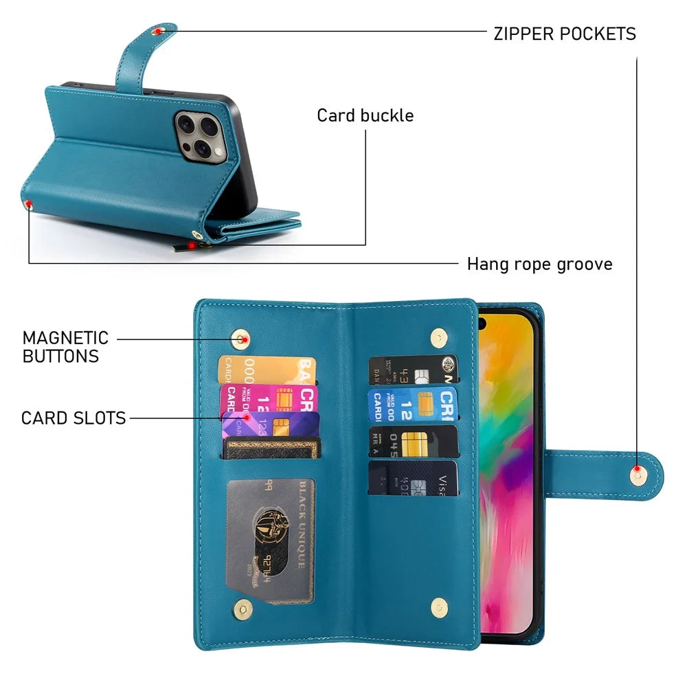DF-011 For iPhone 16 Pro Max Wallet Case Card Slots Leather Phone Cover with Long / Short Straps - Blue - 6