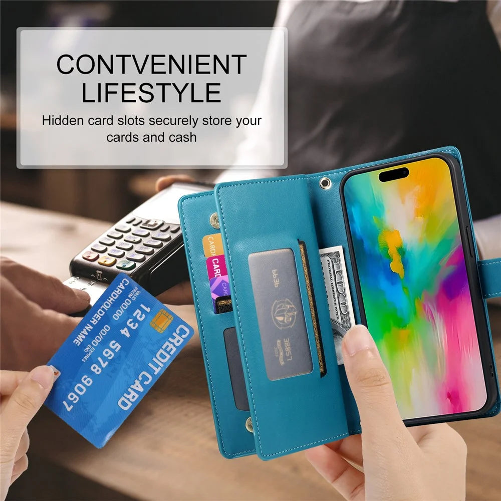 DF-011 For iPhone 16 Pro Max Wallet Case Card Slots Leather Phone Cover with Long / Short Straps - Blue - 7