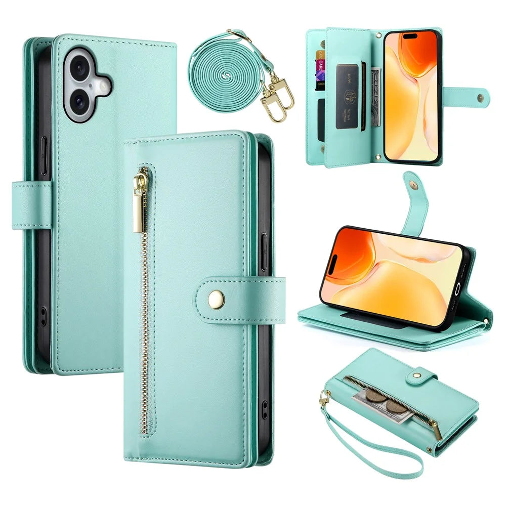 DF-011 For iPhone 16 Plus Case Zipper Pocket Leather Wallet Phone Cover with Straps - Mint Green - 1
