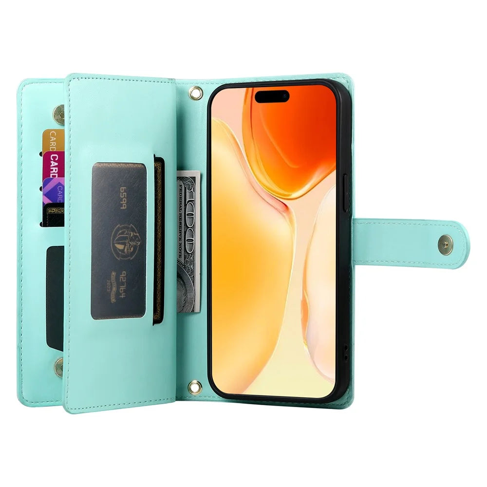DF-011 For iPhone 16 Plus Case Zipper Pocket Leather Wallet Phone Cover with Straps - Mint Green - 2