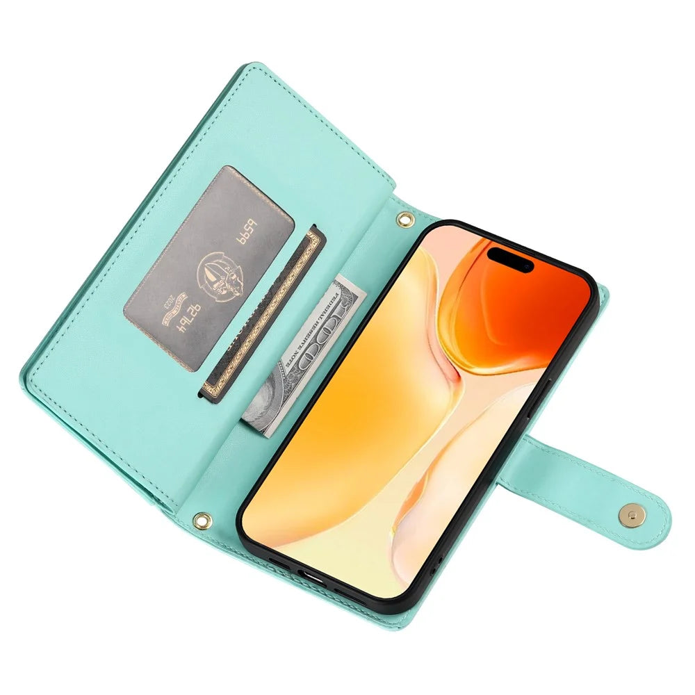 DF-011 For iPhone 16 Plus Case Zipper Pocket Leather Wallet Phone Cover with Straps - Mint Green - 3