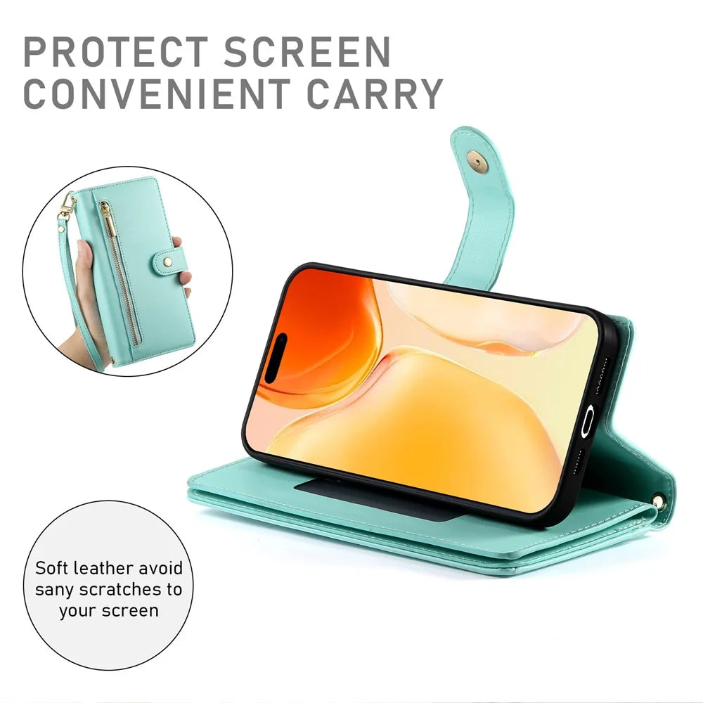 DF-011 For iPhone 16 Plus Case Zipper Pocket Leather Wallet Phone Cover with Straps - Mint Green - 4