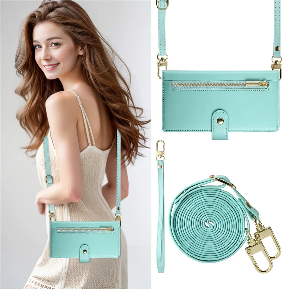 DF-011 For iPhone 16 Plus Case Zipper Pocket Leather Wallet Phone Cover with Straps - Mint Green - 5