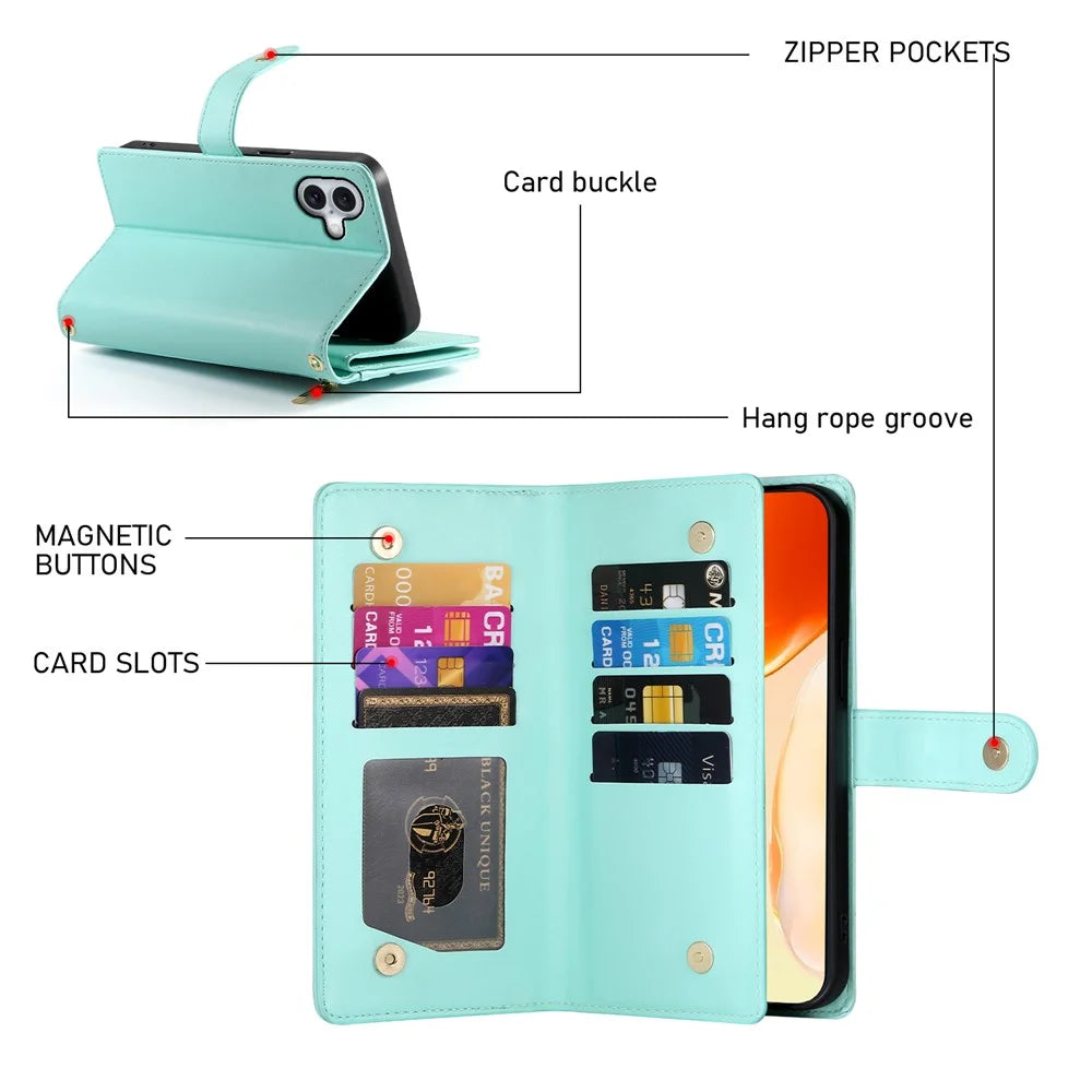 DF-011 For iPhone 16 Plus Case Zipper Pocket Leather Wallet Phone Cover with Straps - Mint Green - 6