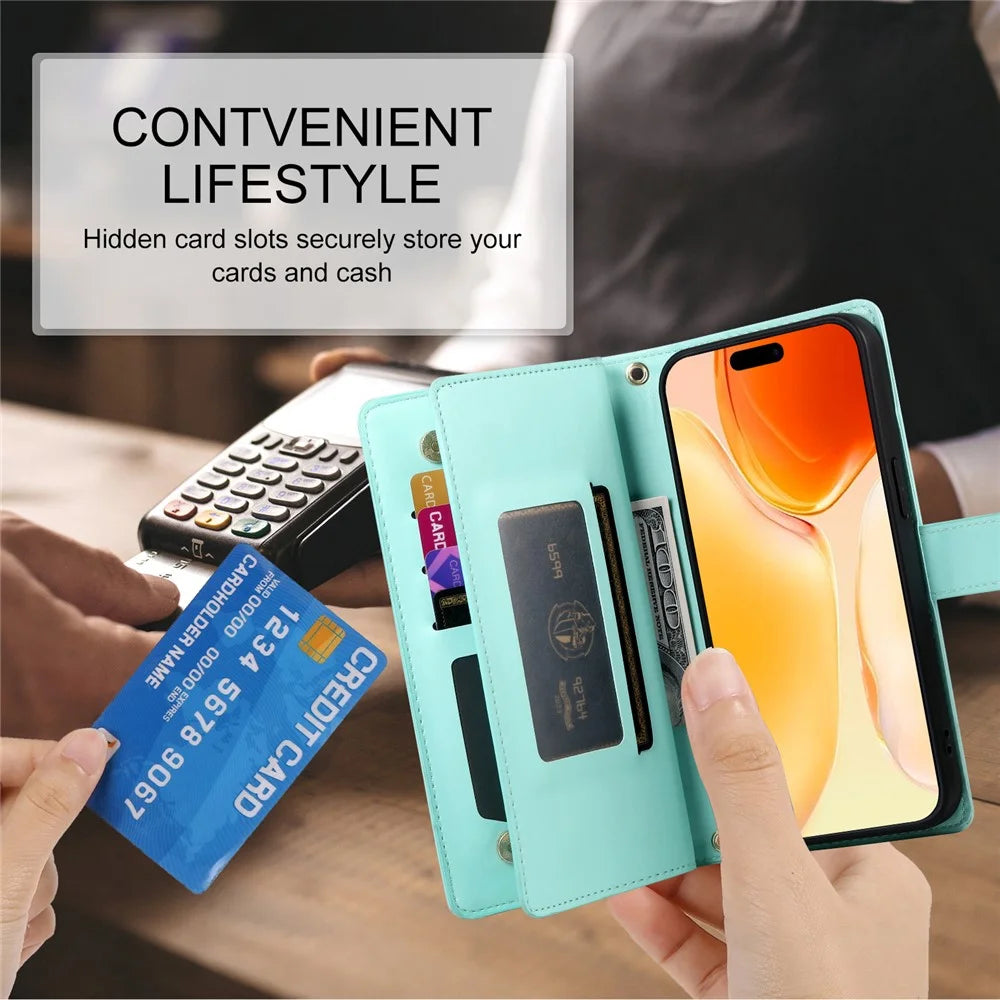 DF-011 For iPhone 16 Plus Case Zipper Pocket Leather Wallet Phone Cover with Straps - Mint Green - 7