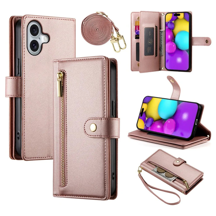 DF-011 For iPhone 16 Case Anti-Drop Leather Wallet Phone Cover with Long / Short Straps - Pink - 1