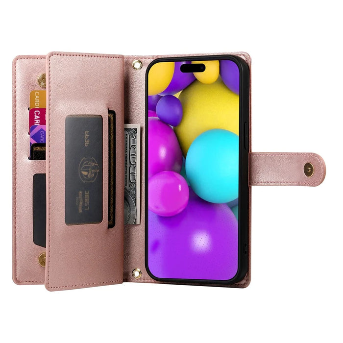 DF-011 For iPhone 16 Case Anti-Drop Leather Wallet Phone Cover with Long / Short Straps - Pink - 2