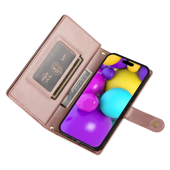 DF-011 For iPhone 16 Case Anti-Drop Leather Wallet Phone Cover with Long / Short Straps - Pink - 3