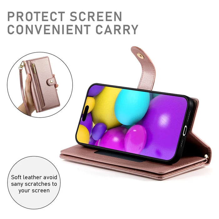 DF-011 For iPhone 16 Case Anti-Drop Leather Wallet Phone Cover with Long / Short Straps - Pink - 4