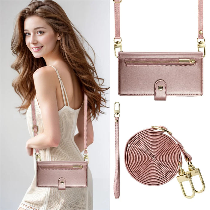 DF-011 For iPhone 16 Case Anti-Drop Leather Wallet Phone Cover with Long / Short Straps - Pink - 5