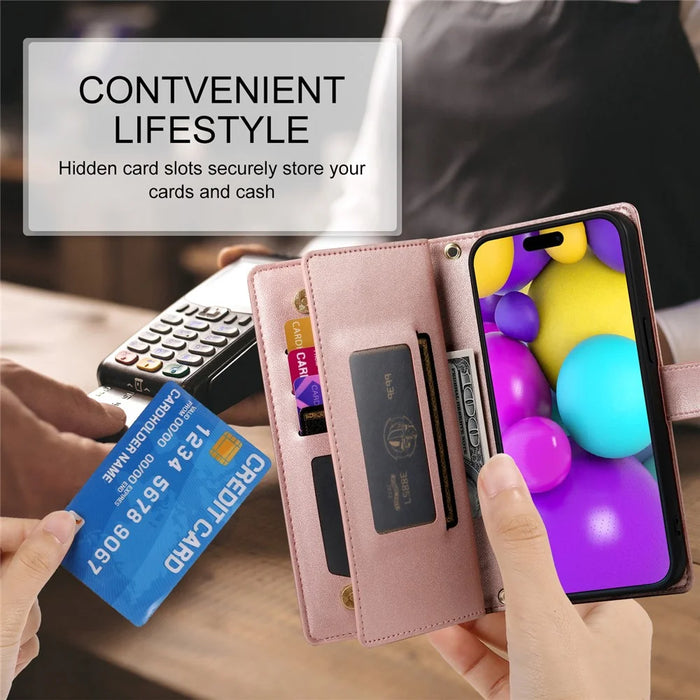 DF-011 For iPhone 16 Case Anti-Drop Leather Wallet Phone Cover with Long / Short Straps - Pink - 7