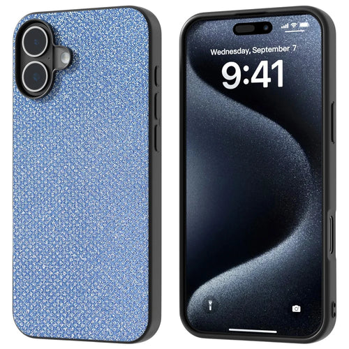 ABEEL For iPhone 16 Plus Case Rhinestone Texture PU+PC+TPU Phone Cover Black Edge - Blue - 1