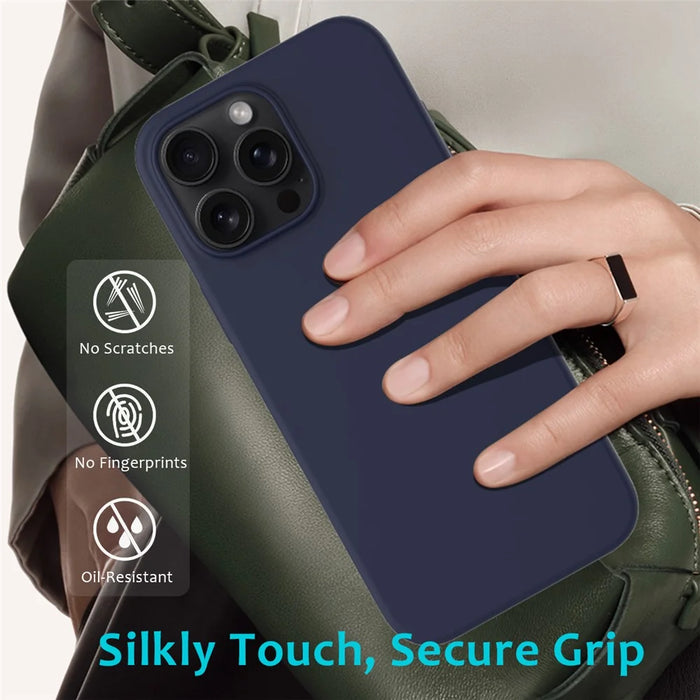For iPhone 16 Pro Case Shockproof Liquid Silicone Soft Lining Phone Cover - Midnight Blue - 7