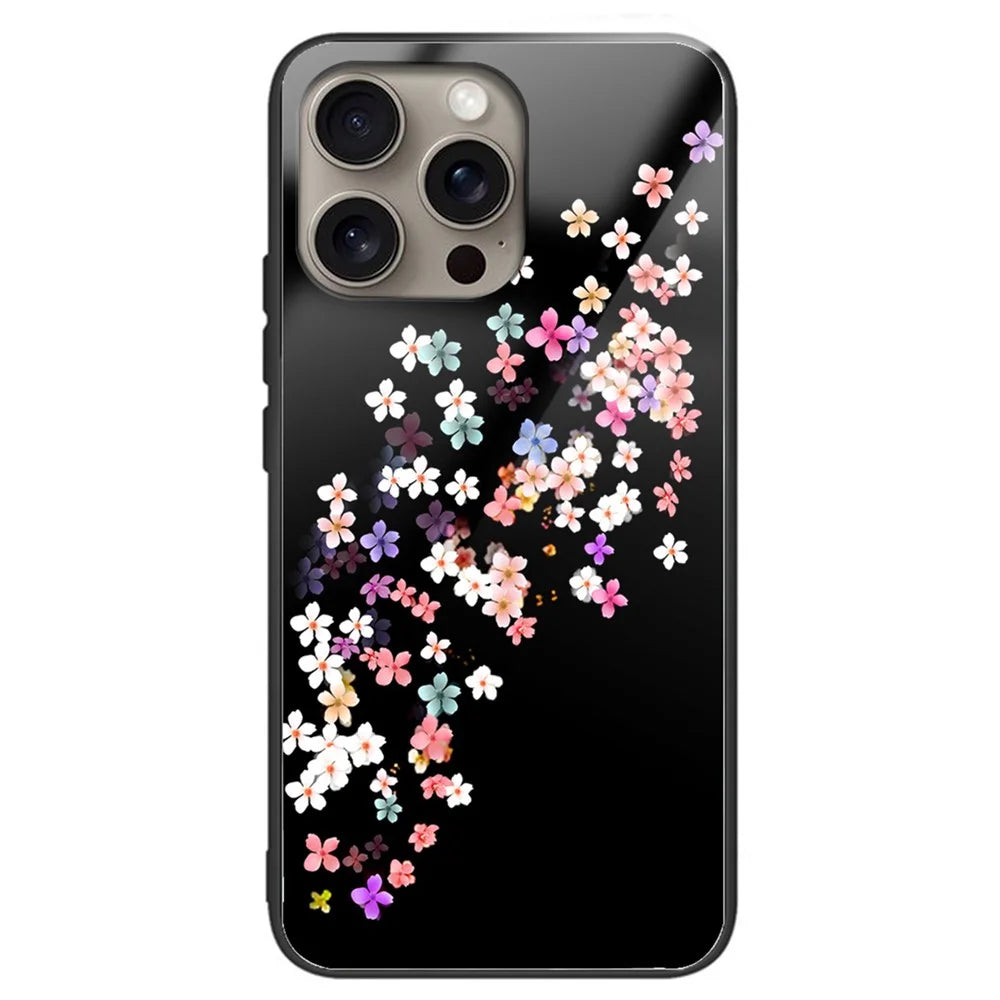 For iPhone 16 Pro Protective Case Pattern Printed Tempered Glass Back TPU Phone Cover - Floral - 1