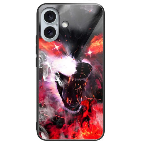For iPhone 16 Case Pattern Printed Tempered Glass Back Soft TPU Phone Cover - Fierce Wolf - 1