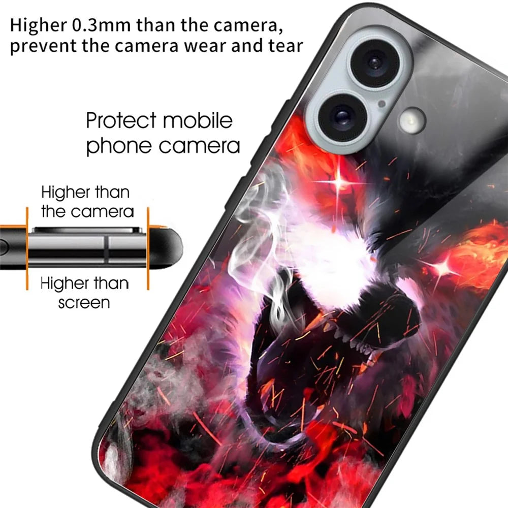 For iPhone 16 Case Pattern Printed Tempered Glass Back Soft TPU Phone Cover - Fierce Wolf - 2