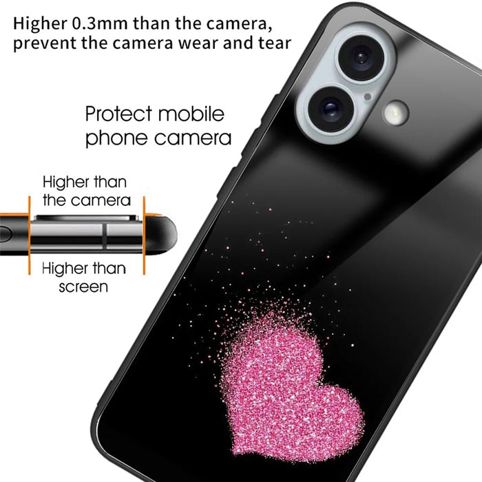 For iPhone 16 Plus Case Tempered Glass Back TPU Phone Shell Pattern Printed - Heart - 2